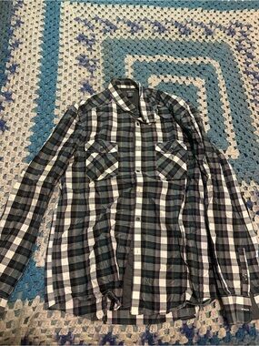 Kenneth Cole Black, White and Green Plaid Button-Down Shirt